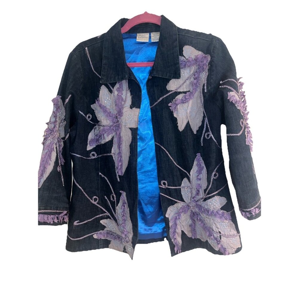 Vntg Bleu Bayou Blue Denim Jacket Artsy 3/4 Sleeve Small Open Jacket Women’s M